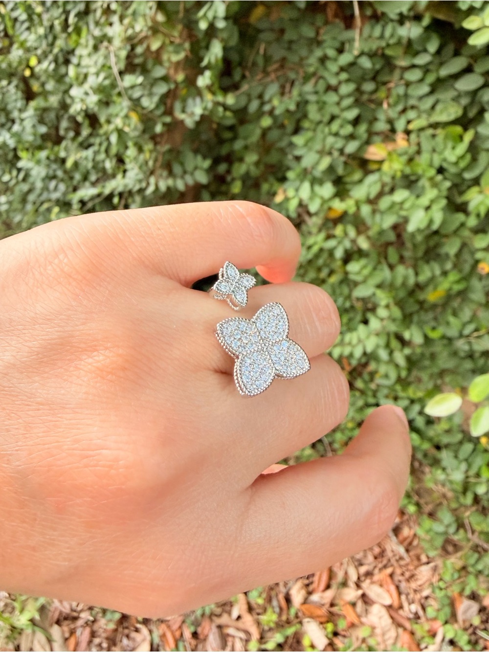 Adjustable Pavรฉ Clover Ring | Sparkly Statement | Silver Tone - Picture 5 of 11